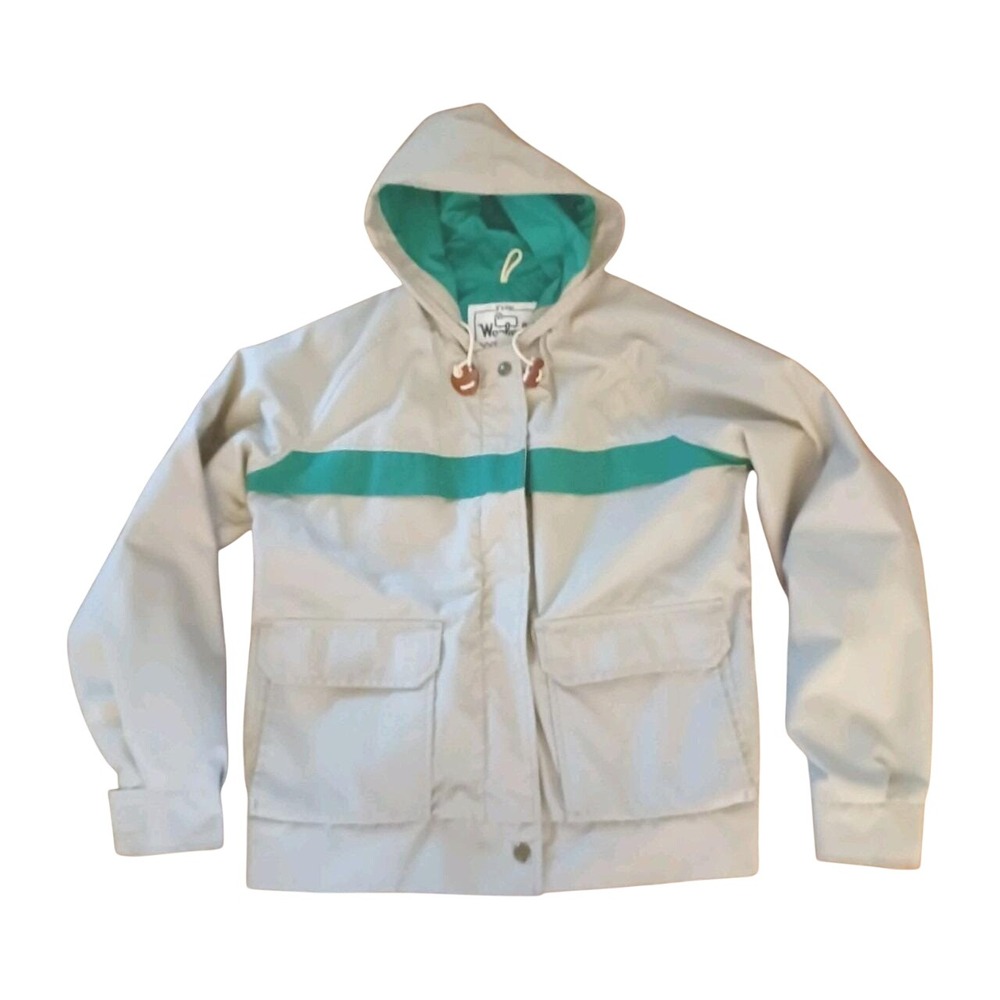 Vintage Woolrich‎ Women's Jacket with Hood Natural and Green Size Medium Crop